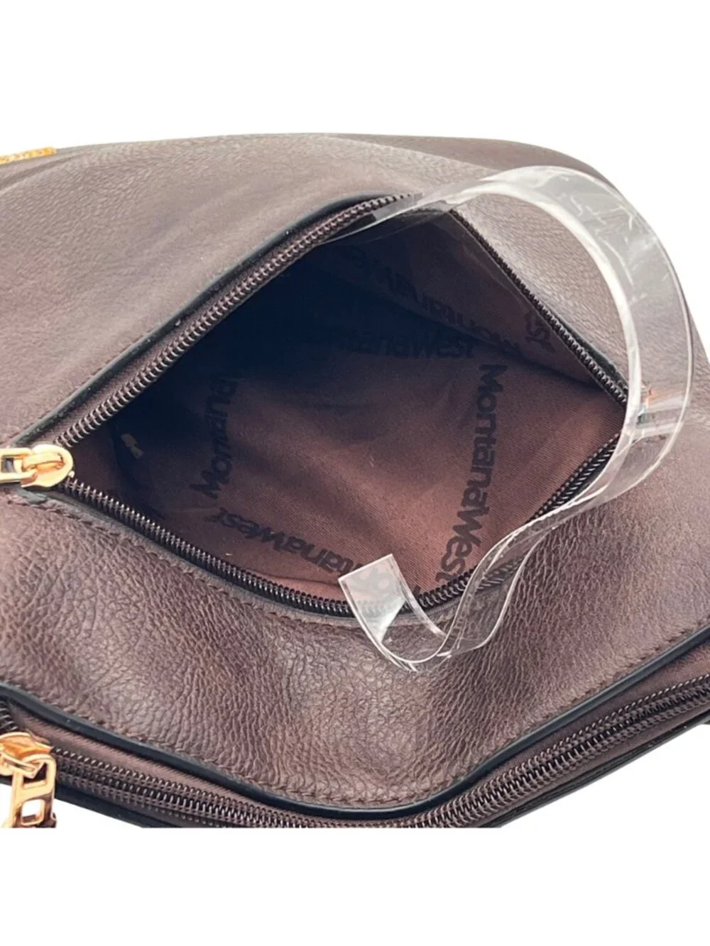Montana West Brown Faux Leather Crossbody Bag Gold Accents Zippered Compartments - Picture 5 of 14